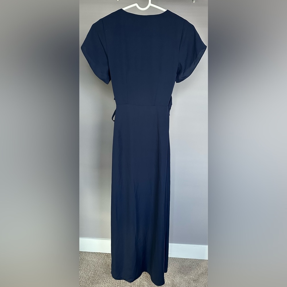 SUPER DOWN size XXS navy blue wrap, short sleeved, maxi dress with split front